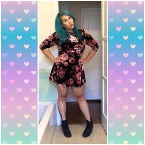 New Look Black an Pink Floral Skater Dress Size 14